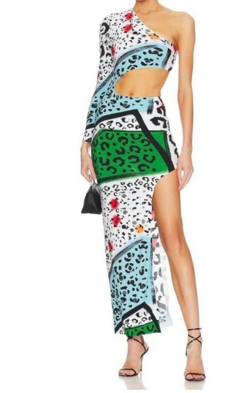 Norma Kamali One Sleeve Shane Wide Slit Gown in Animal Print